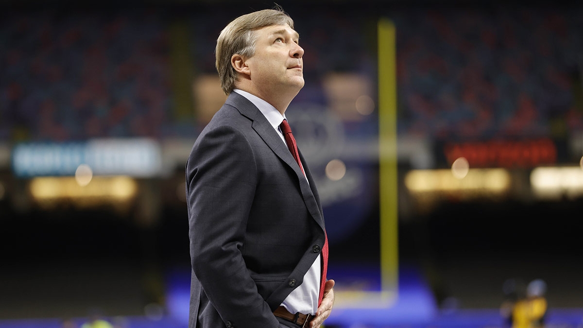 Georgia Bulldogs Kirby Smart looks on from the field prior to their game against the Notre Dame Fighting Irish at Caesars Superdome.