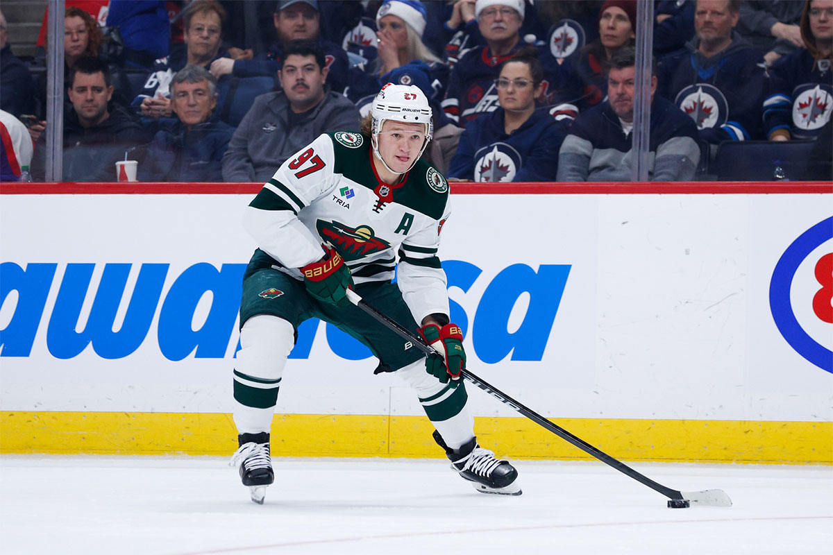 Minnesota Wild forward Kirill Kaprizov (97) skates towards the Winnipeg Jets net during the third period at Canada Life Centre