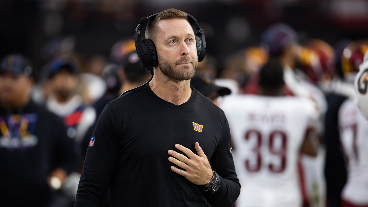 September 29, 2024; Glendale, Arizona, USA; Washington Commanders offensive coordinator Kliff Kingsbury against the Arizona Cardinals at State Farm Stadium. Mandatory Credit: Mark J. Rebilas-Imagn Images