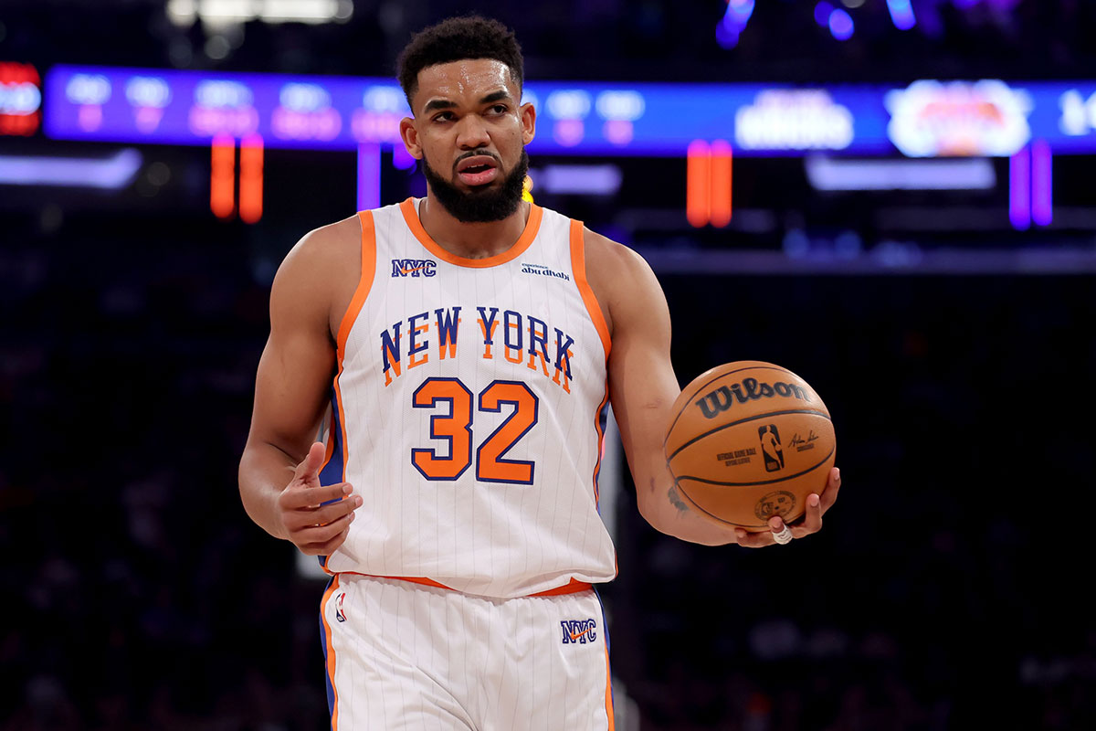 New York Knicks center Karl-Anthony Towns (32) reacts during the first quarter against the Milwaukee Bucks at Madison Square Garden.