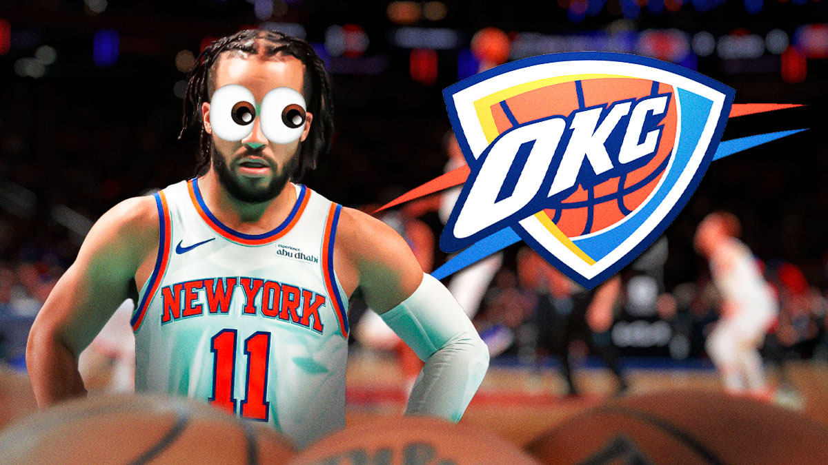 Jalen Brunson looks at Thunder logo with bulging eyes