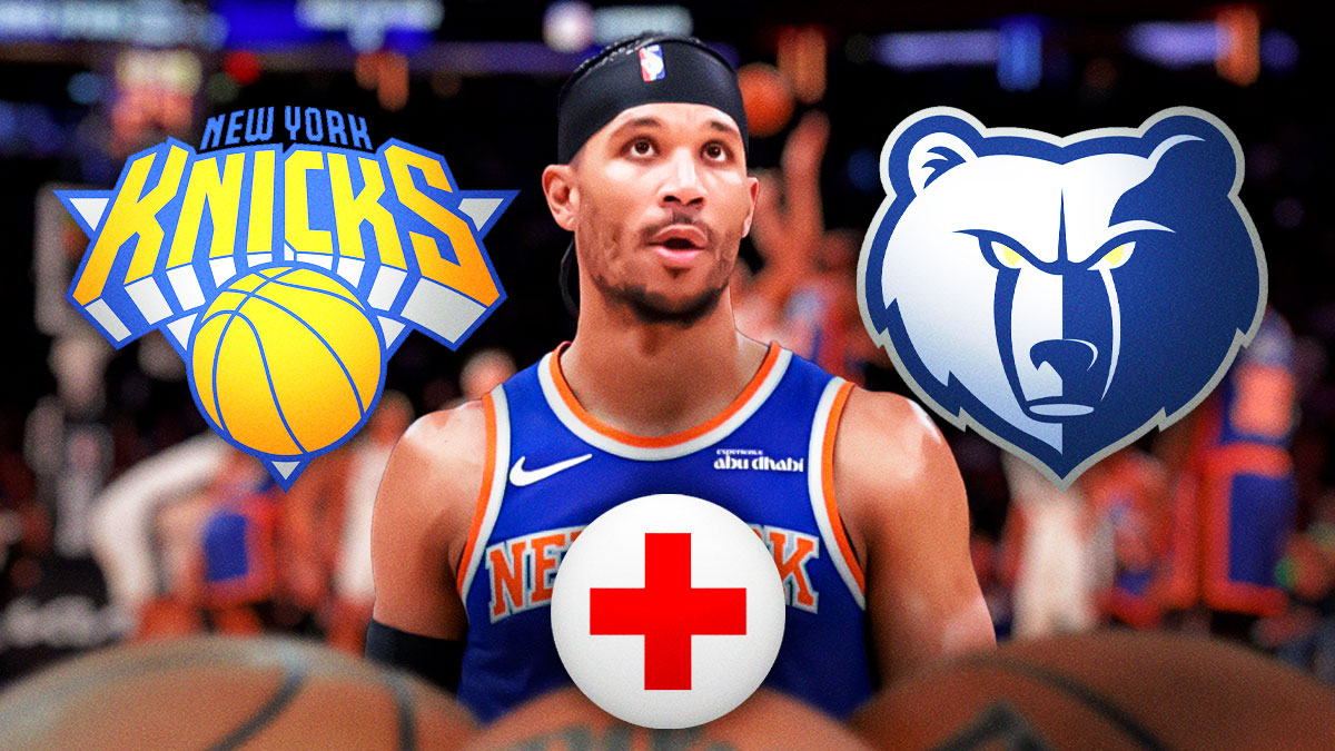 Knicks guard Josh Hart next to the Knicks and Grizzlies logos with the health symbol in the background