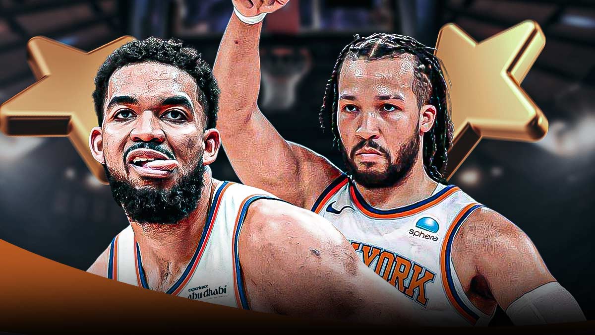 Jalen Brunson and Karl Anthony Towns in Knicks jerseys with the Chase Center behind them and with bright stars behind and around them