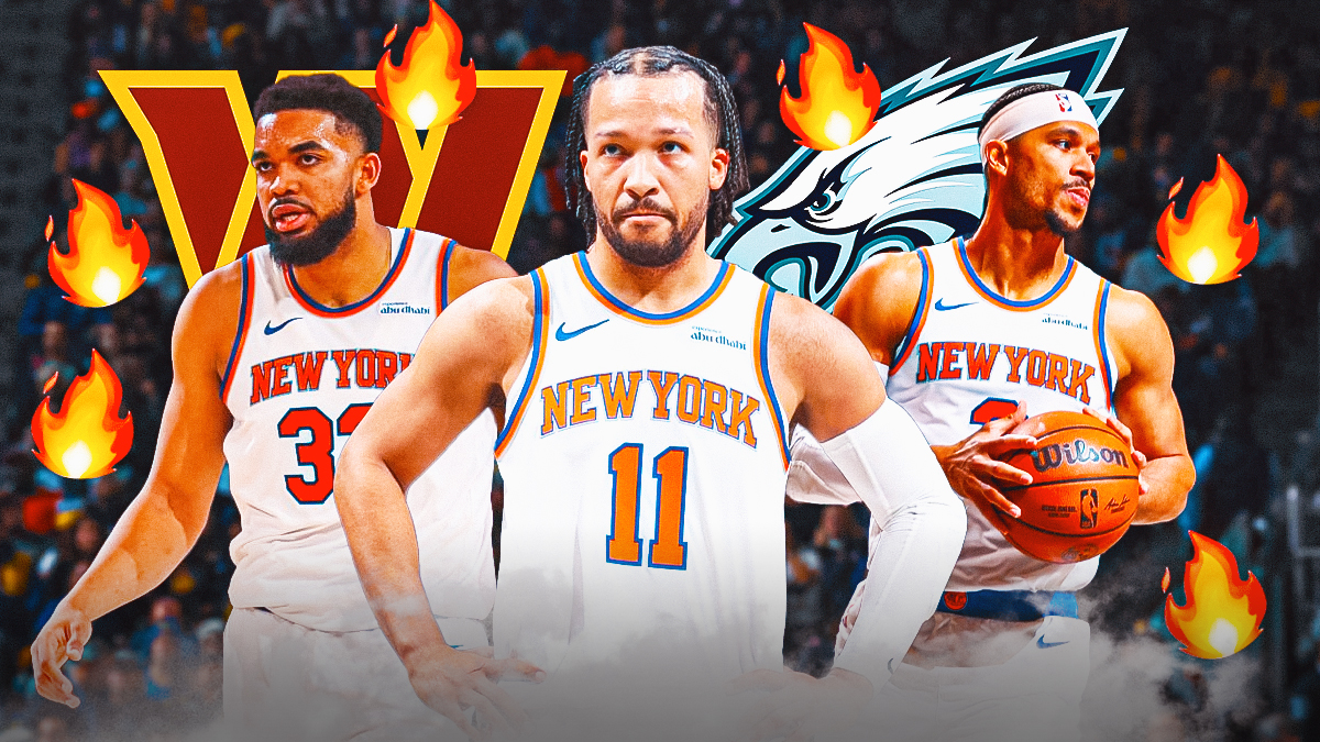 Jalen Brunson, Karl-Anthony Towns, Josh Hart, Philadelphia Eagles and Washington Commanders logos in background, fire symbols surrounding the trio