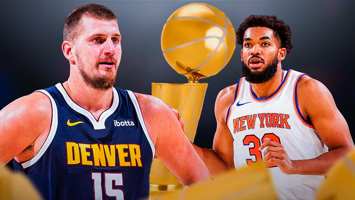 Nikola Jokic beside Karl-Anthony Towns, Larry O'Brien trophy in the background.