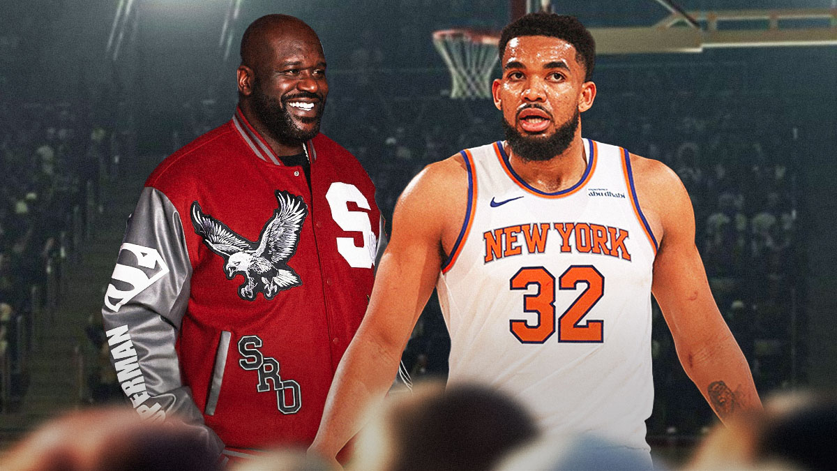 Shaq smiling at Knicks' Karl-Anthony Towns