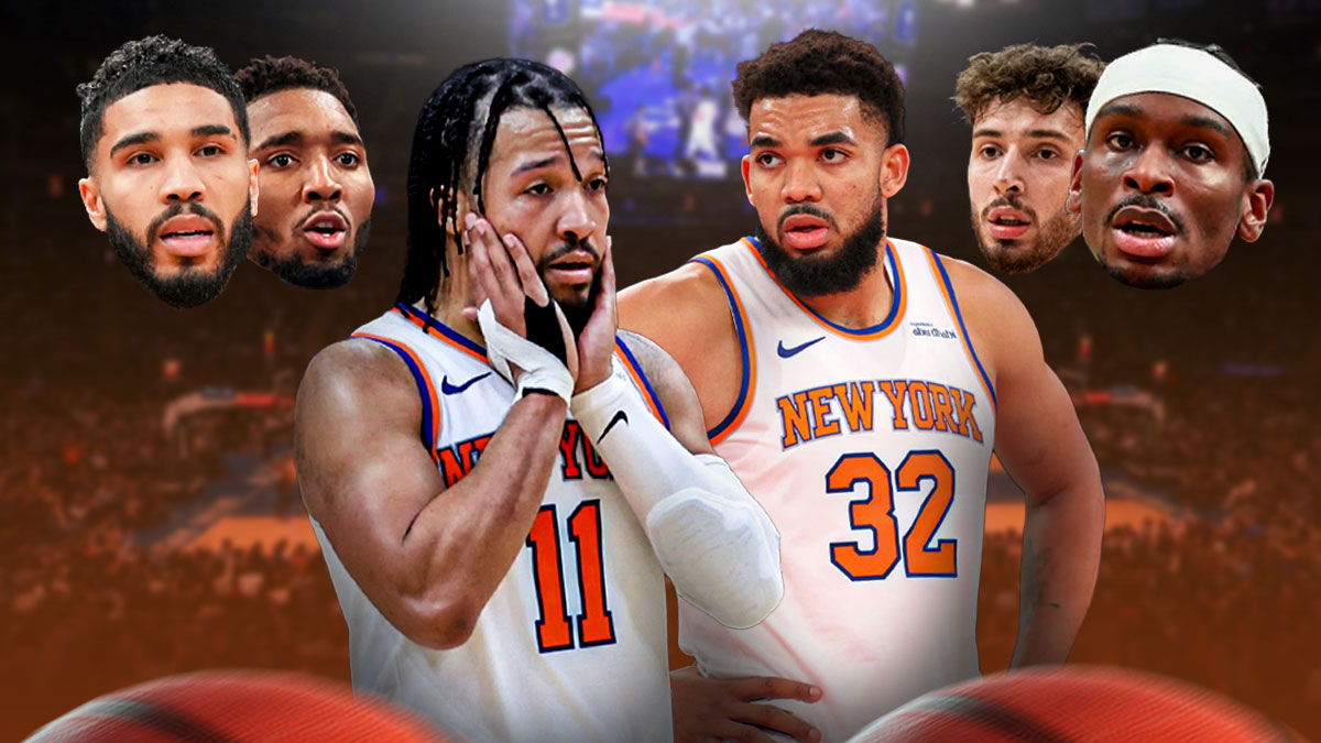 Knicks' Karl-Anthony Towns and Jalen Brunson looking worried, with head cutouts (only head) of Celtics' Jayson Tatum, Cavs' Donovan Mitchell, Rockets' Alperen Sengun, and Thunder's Shai Gilgeous-Alexander around them