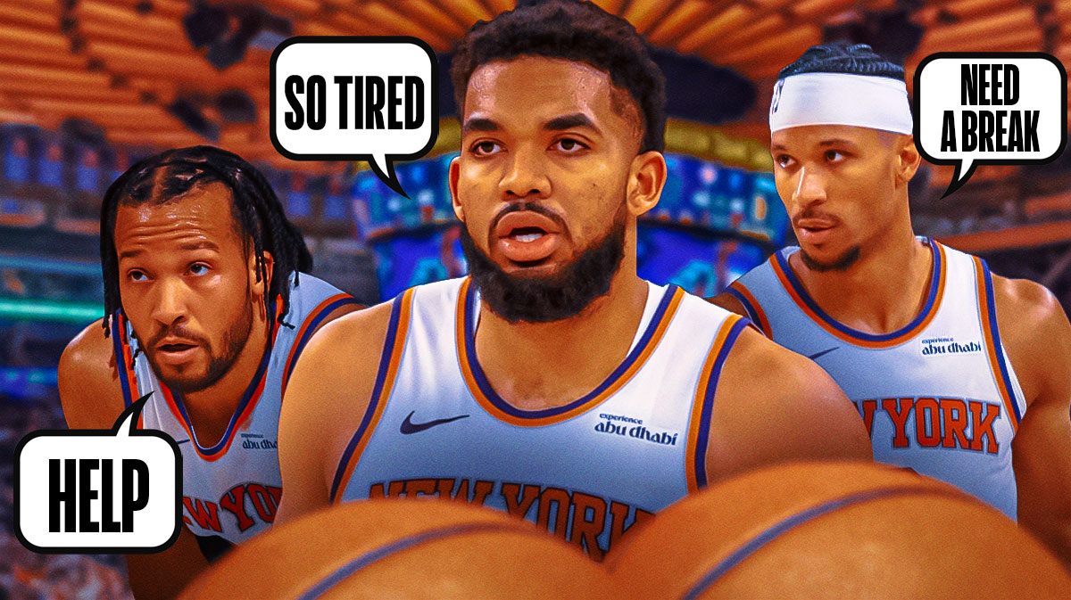 Jalen Brunson, Karl-Anthony Towns, and Josh Hart bending over with their hands on their keens with speech bubbles reading "Help", "So tired", and "Need a break"