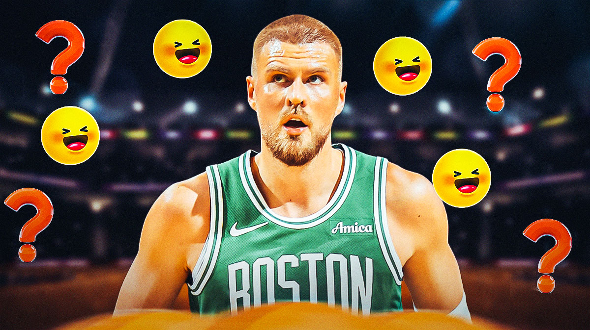 Kristaps Porzingis with question marks and laughing emojis around the picture.