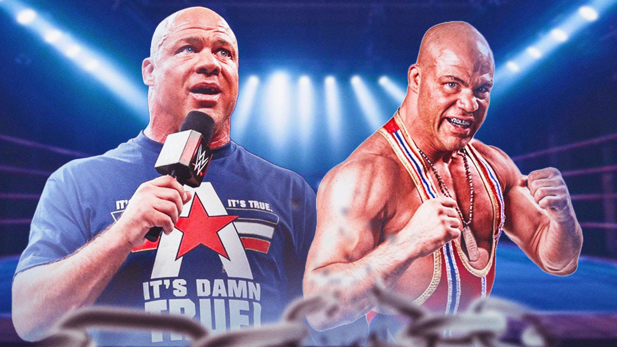2024 Kurt Angle next to TNA Kurt Angle in a wrestling ring.
