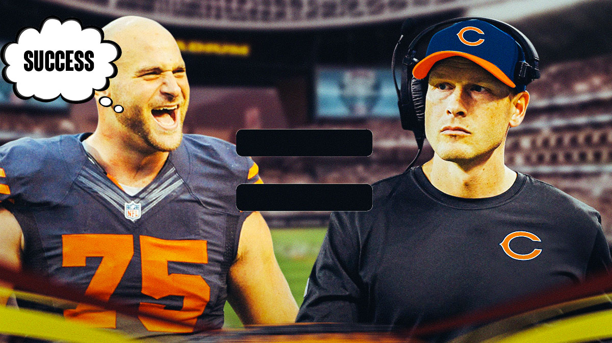 Former Chicago Bears player Kyle Long with a thought bubble that says success, with an equal sign next to it, and then next to the equal sign is a picture of Ben Johnson in a Chicago Bears outfit.