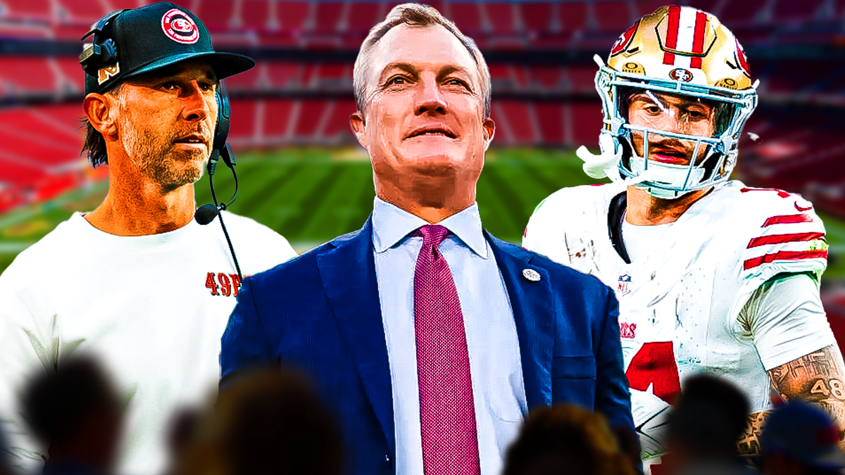 Kyle Shanahan, John Lynch, and Ricky Pearsall in front of the 49ers stadium