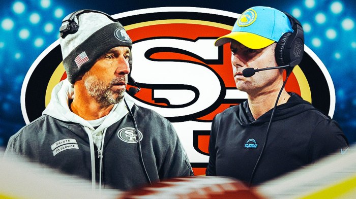 Kyle Shanahan next to Brandon Staley and 49ers logo.