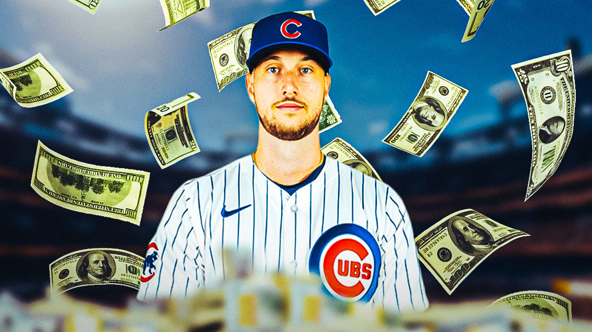 Chicago Cubs star Kyle Tucker in a Cubs jersey with money around him in front of Wrigley Field.