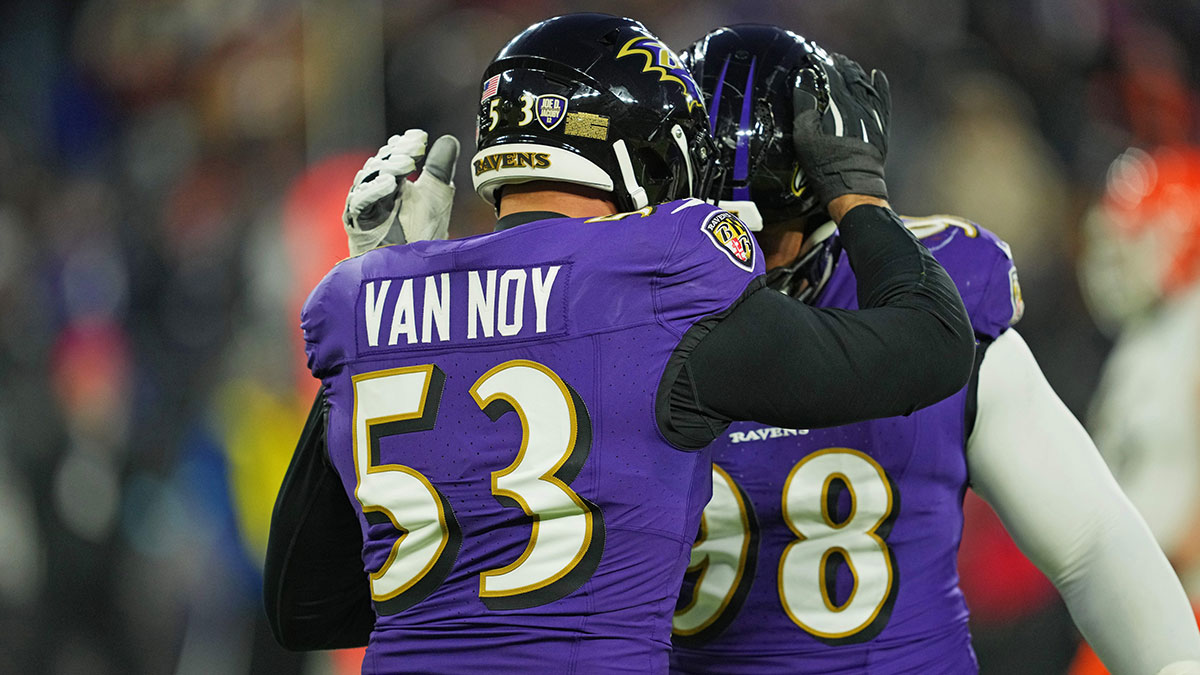 Baltimore Ravens linebacker Kyle Van Noy (53) and Baltimore Ravens defensive tackle Travis Jones (98) react after a play during the second quarter against the Cleveland Browns at M&T Bank Stadium.