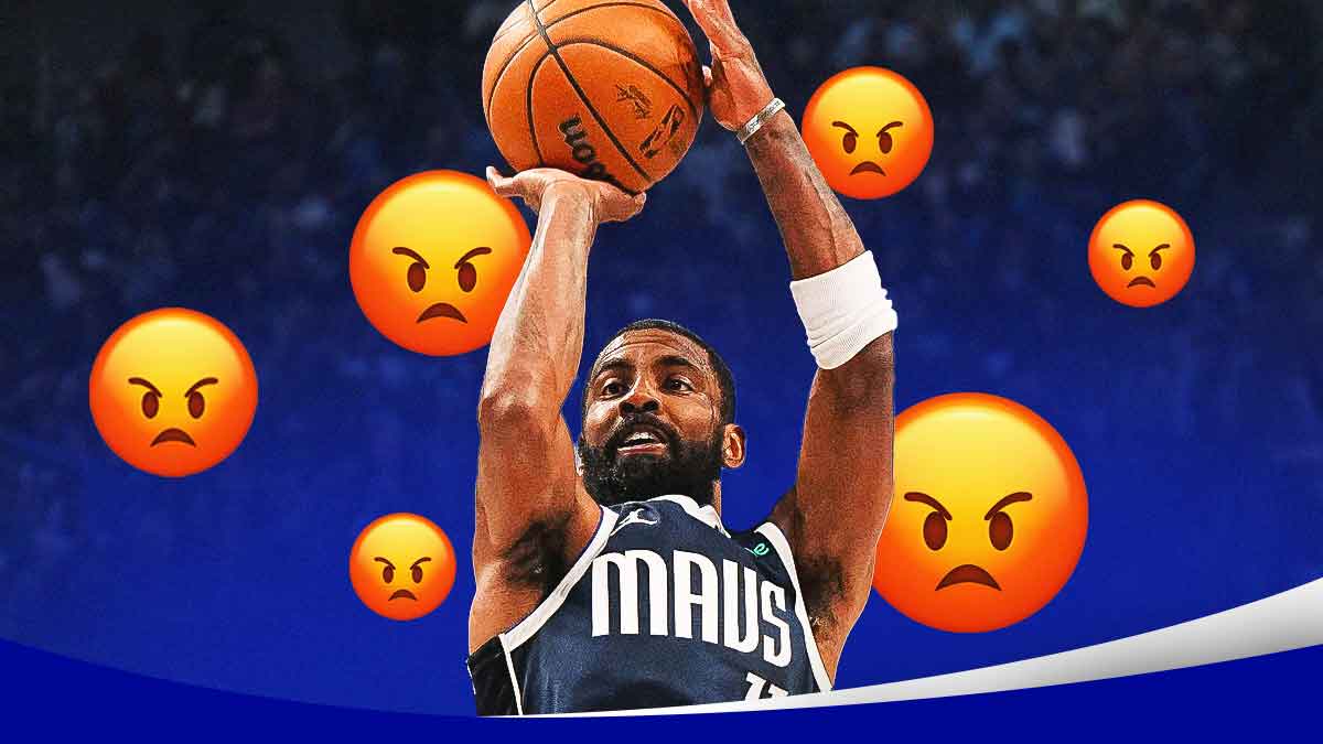 Mavericks Kyrie Irving shooting a basketball in the middle. Place the angry emoji all over the image.