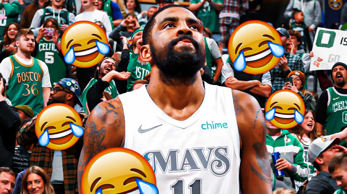 Kyrie Irving on one side, a bunch of Boston Celtics fans with the crying laughing emoji around them