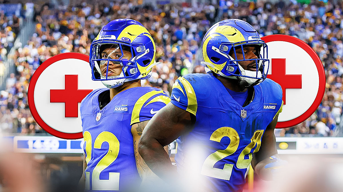 Blake Corum and Royce Freeman in Los Angeles Rams uniforms with a red and white first aid symbol as Corum has a season ending injury ahead of a playoff matchup against the vikings.