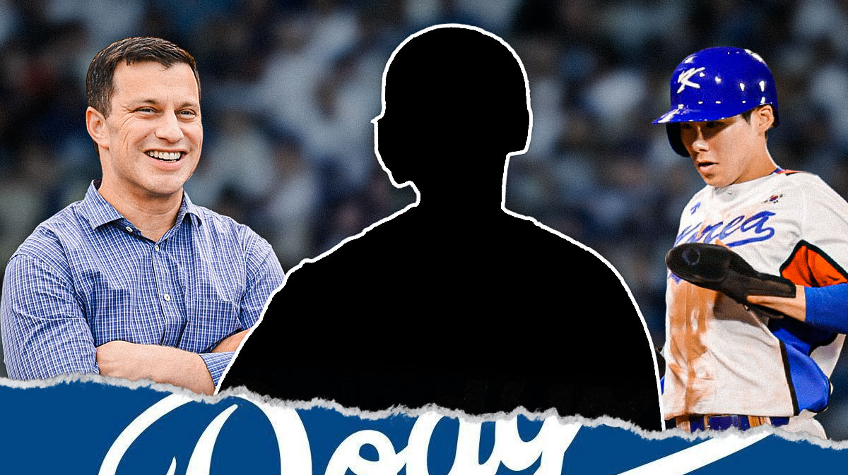 Blank player silhouette with question marks in middle, Los Angeles Dodgers president of baseball operations Andrew Friedman on left side, Dodgers infielder Hyeseong Kim on right side, Dodger Stadium (home field of the Los Angeles Dodgers) in background