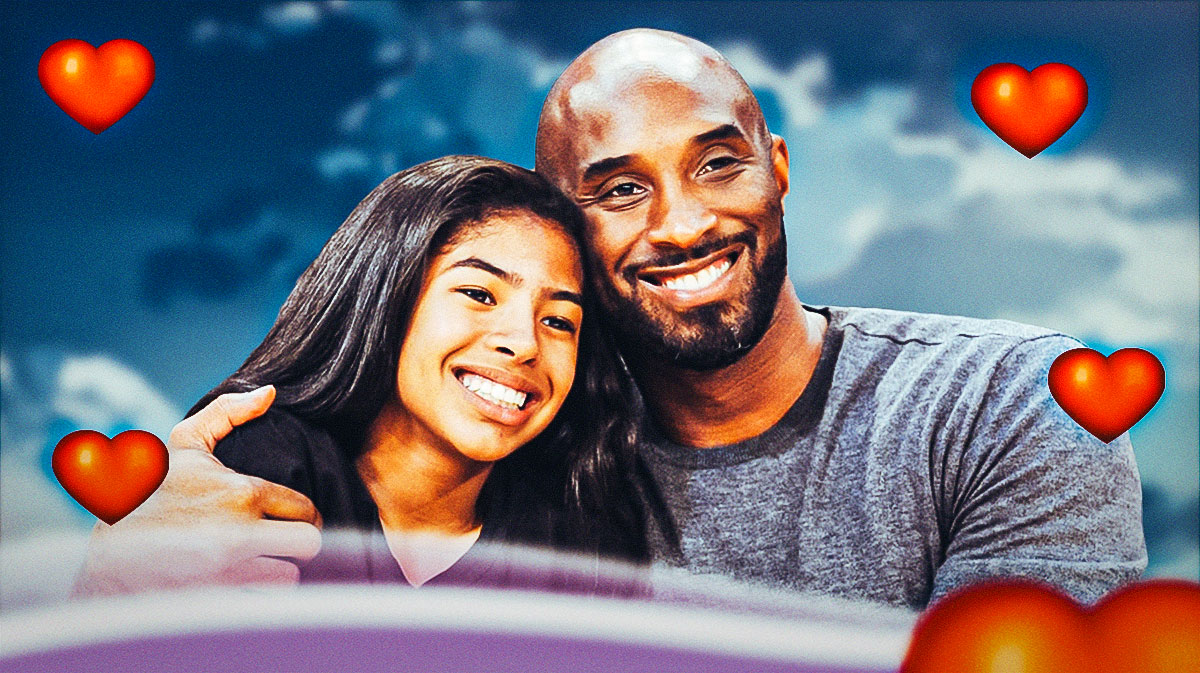 Kobe and Gigi Bryant with a heavenly cloud background and a heart outline around them