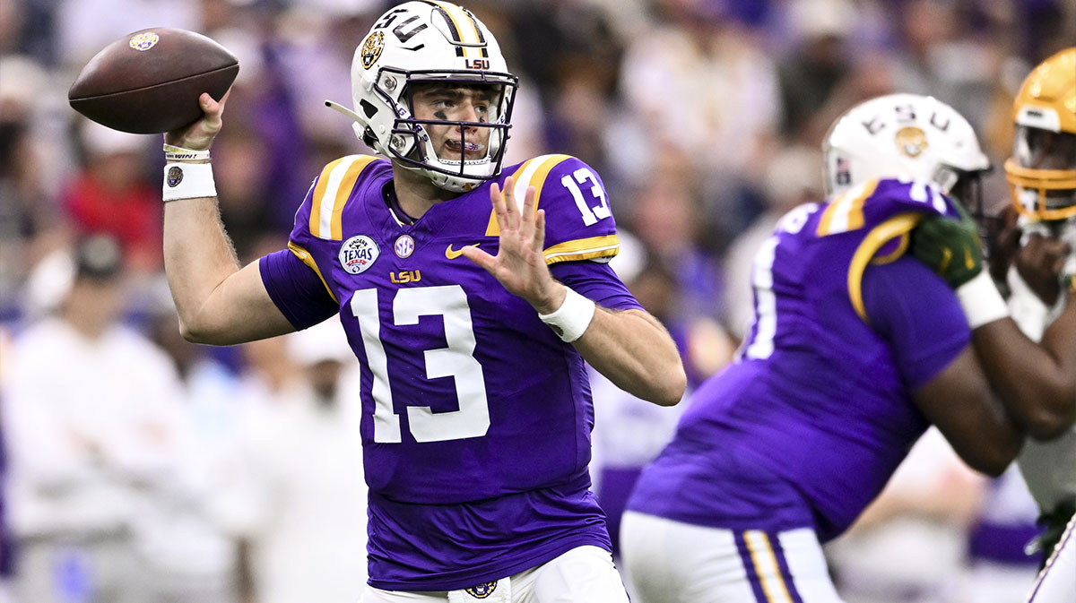 LSU Tigers quarterback Garrett Nussmeier (13) throws a pass during the first half against the Baylor Bears at NRG Stadium. The Tigers defeat the Bears 44-31.