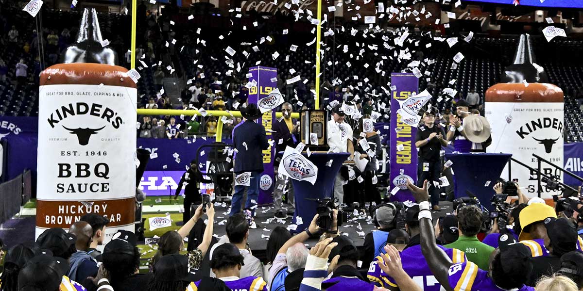 Dec 31, 2024; Houston, TX, USA; The LSU Tigers celebrate at NRG Stadium. The Tigers defeat the Bears 44-31. Mandatory Credit: Maria Lysaker-Imagn Images