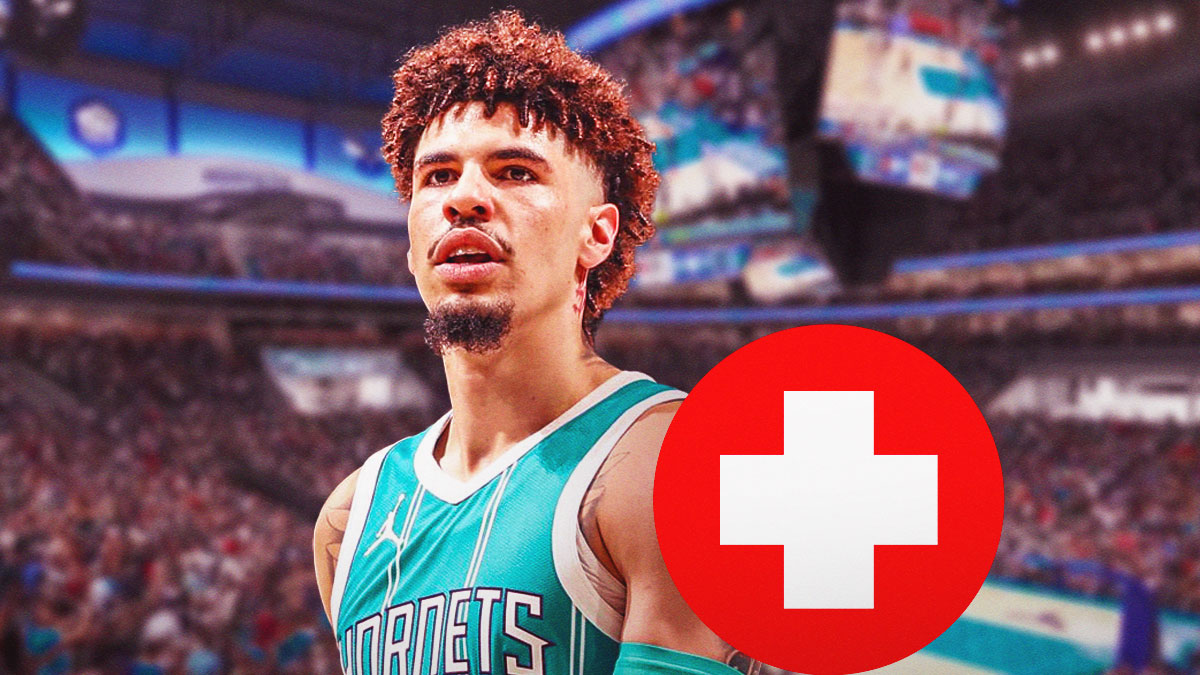 Hornets' LaMelo Ball with medical Red Cross symbol injury Warriors