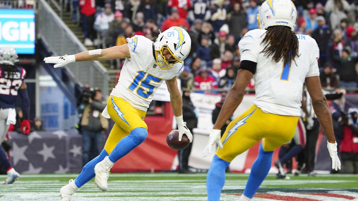 Los Angeles Chargers wide receiver Ladd McConkey (15) celebrates with wide receiver Quertin Johnston (1) after scoring a touchdown against the New England Patriots during the second half at Gillette Stadium.