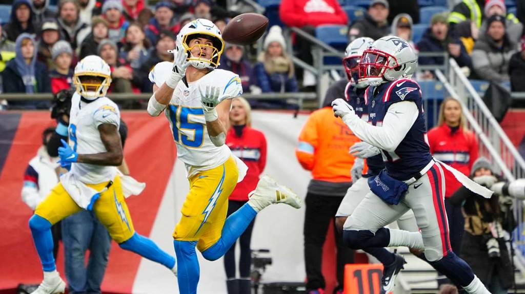 Los Angeles Chargers wide receiver Ladd McConkey (15) makes a catch to score a touchdown against the New England Patriots during the second half at Gillette Stadium.