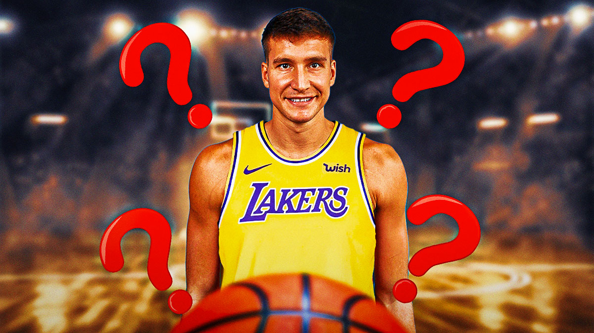Hawks' Bogdan Bogdanovic in a Lakers uniform with question marks all around