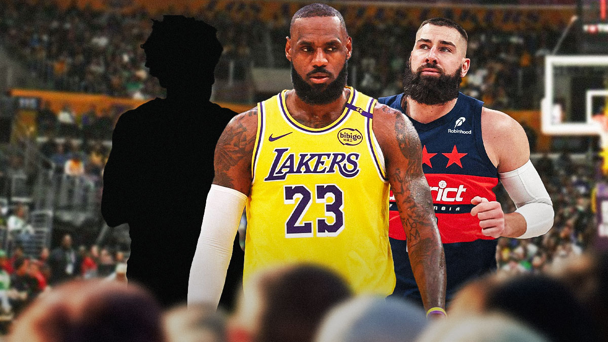 LeBron James, Jonas Valanciunas, and the blacked-out silhouette of Collin Sexton in front of the Lakers arena.