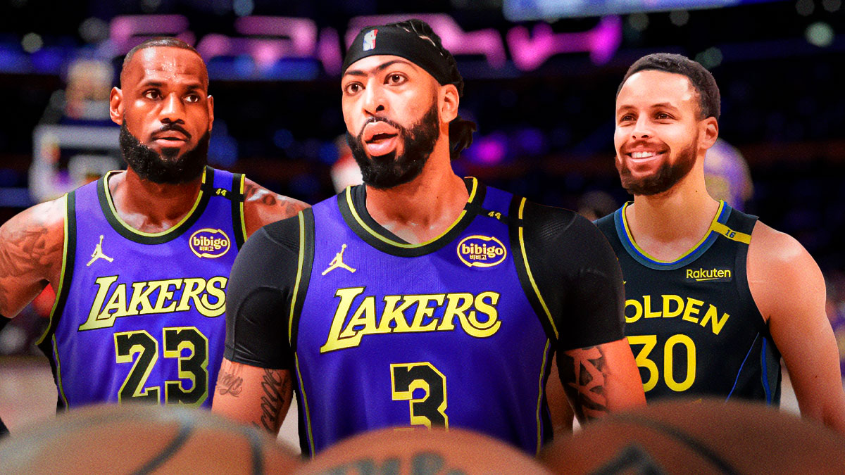 Los Angeles Lakers star Anthony Davis in the middle with LeBron James and Stephen Curry on either side in front of Crypto.com Arena.