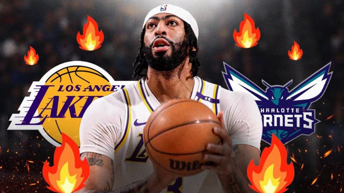 Anthony Davis, Los Angeles Lakers and Charlotte Hornets logos in background, fire symbols surrounding Davis