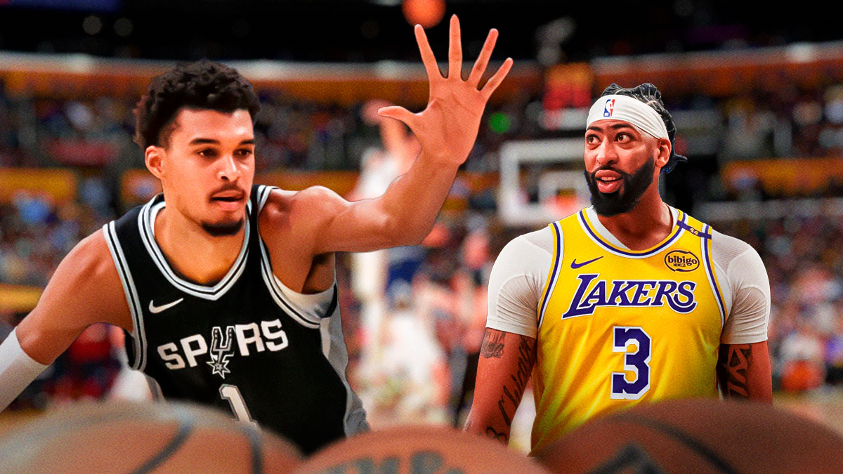 Lakers Anthony Davis on left looking serious. Spurs Victor Wembanyama on right in 2024 or 2025 blocking a shot/playing defense.