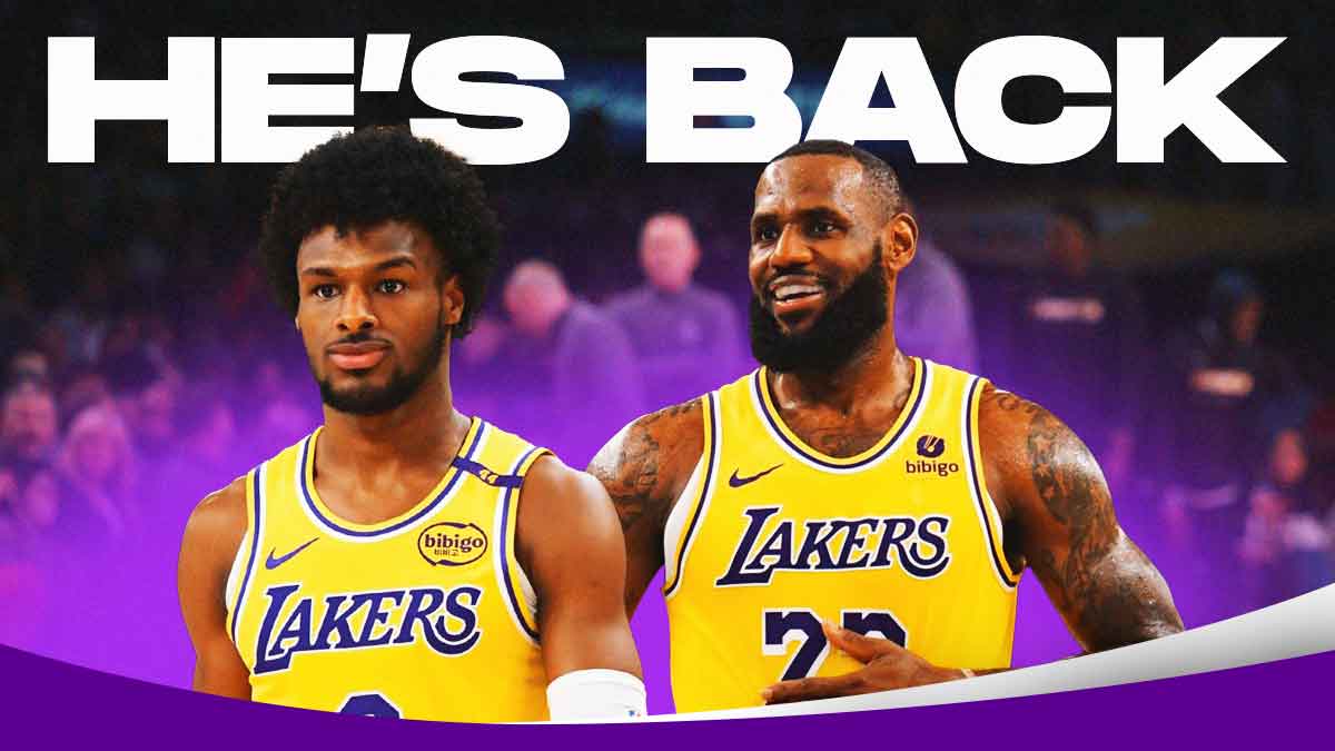 Lakers' Bronny James and LeBron James smiling, with caption: HE'S BACK