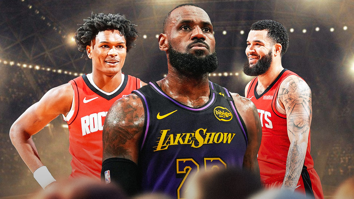 Lakers' LeBron James looking angry, with Rockets' Amen Thompson and Fred VanVleet laughing beside him
