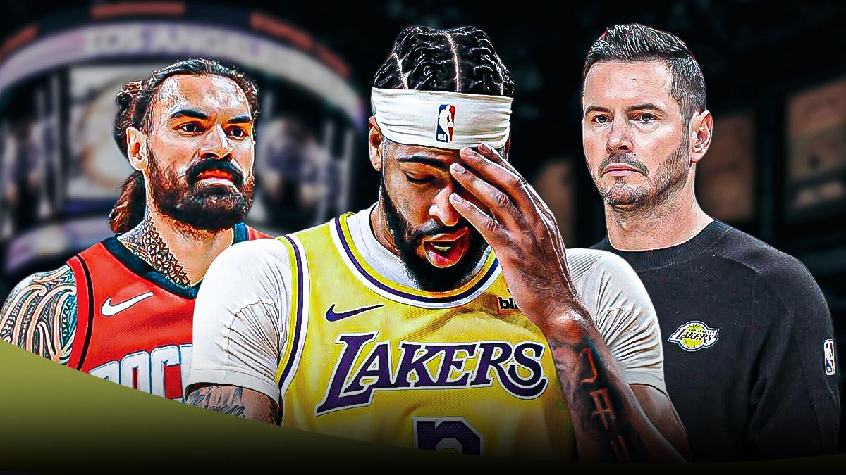 Lakers' JJ Redick looking at Anthony Davis and Rockets' Steven Adams