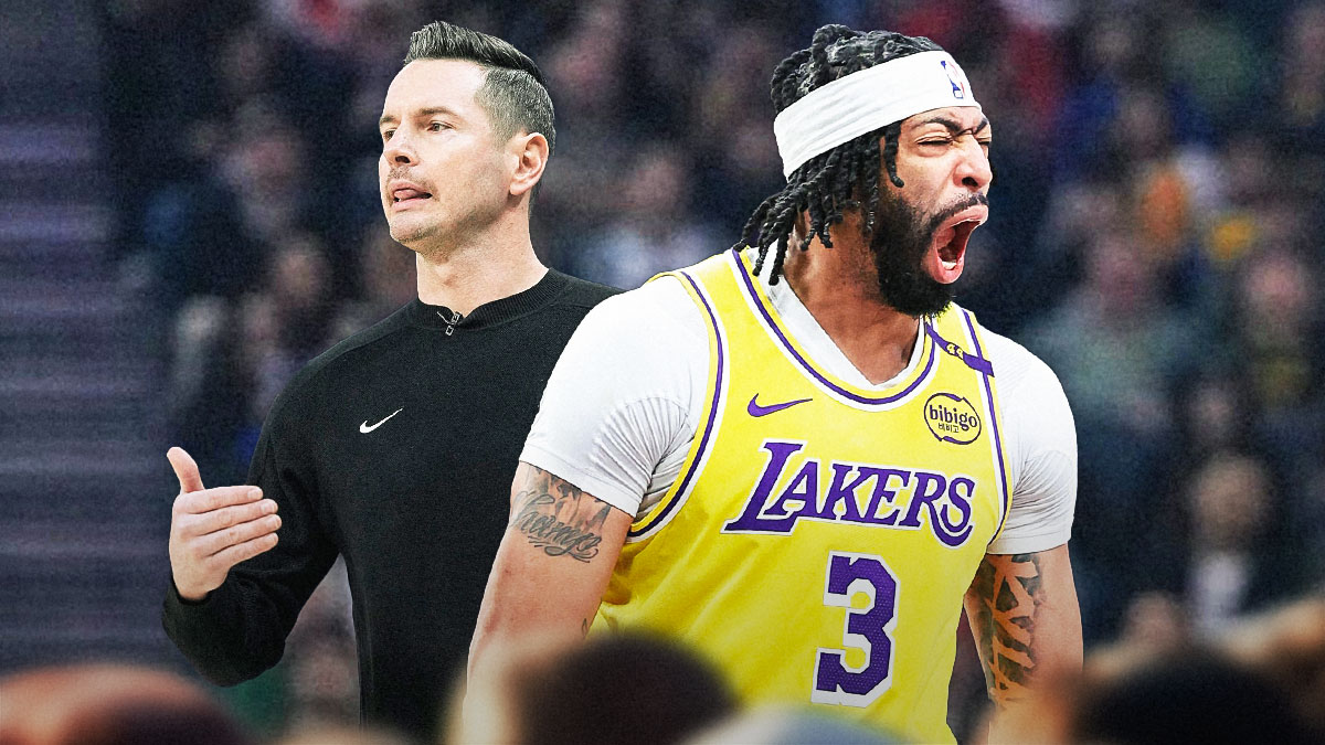 LA Lakers player Anthony Davis alongside LA Lakers coach JJ Redick, Hornets