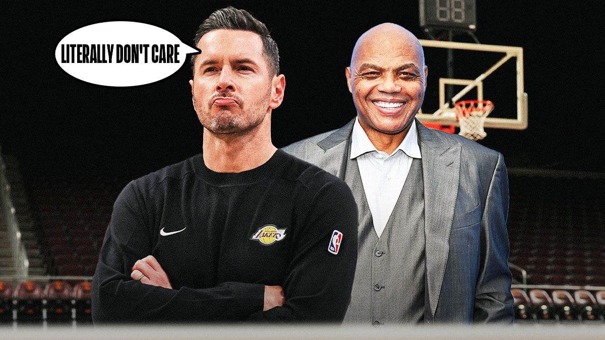 Lakers head coach JJ Redick with a thought bubble that says "Literally don't care" with Charles Barkley laughing beside him