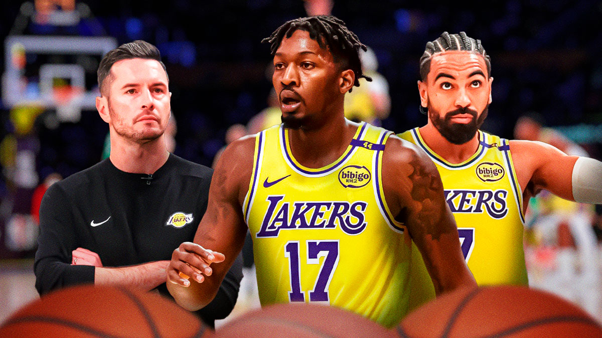 Lakers JJ Redick on left looking serious. Lakers Gabe Vincent and Lakers Dorian Finney-Smith both on right shooting basketballs.