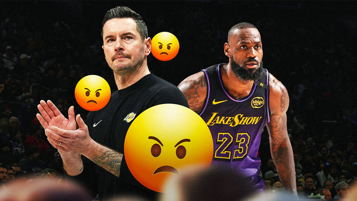 Lakers' JJ Redick with angry emojis all over him, with LeBron James beside him