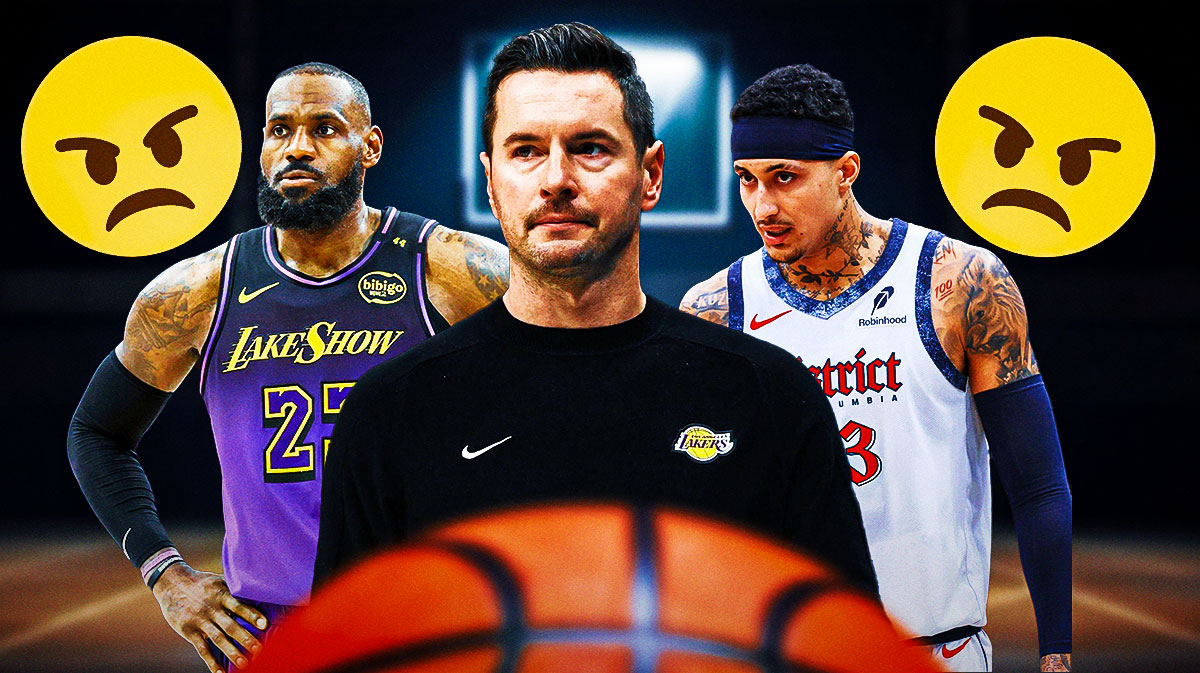 JJ Reddick in the front with LeBron James and Kyle Kuzma in the background with angry emoji