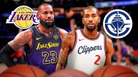Lakers superstar LeBron James next to Clippers forward Kawhi Leonard with the Lakers and Clippers logos in the background