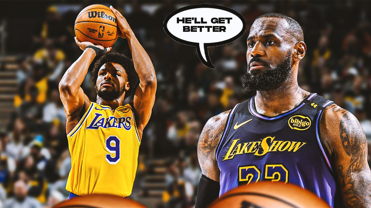 LeBron James with a thought bubble that says "He'll get better" and a picture of Bronny James in a Lakers jersey shooting a jump shot