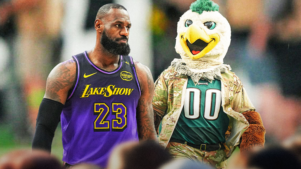 LeBron James (Lakers) with the Philadelphia Eagles mascot