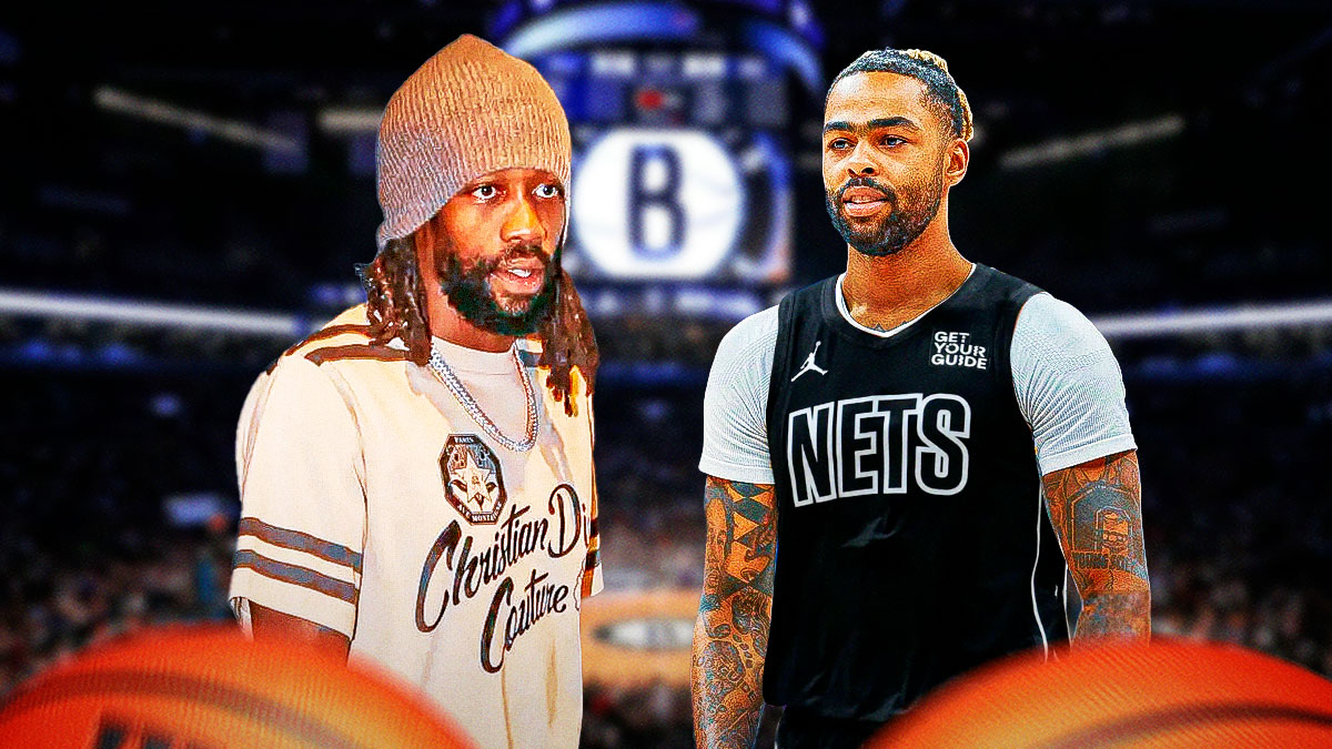 Patrick Beverley in regular clothes and D'Angelo Russell in a Nets jersey.
