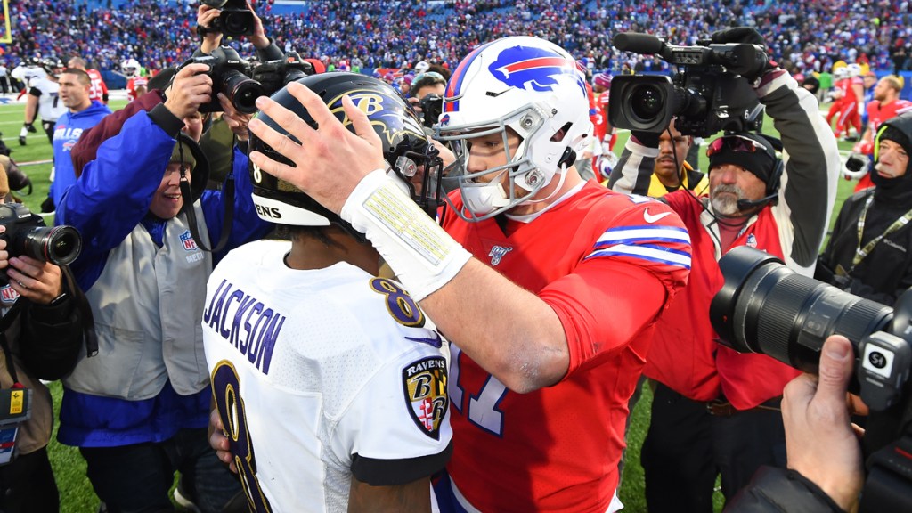 Baltimore Ravens quarterback Lamar Jackson (8) greets Buffalo Bills quarterback Josh Allen (17) following the game at New Era Field. 