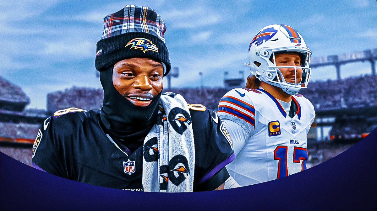Lamar Jackson looks back and smiles at Josh Allen, who stands behind him