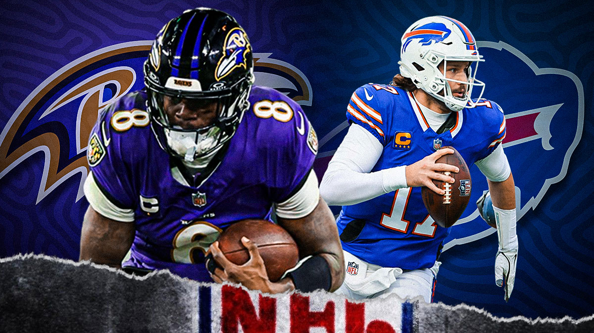 Lamar Jackson and Josh Allen on opposite sides of the picture and a picture of Lamar Jackson running between both pictures with a Ravens vs Bills logo.