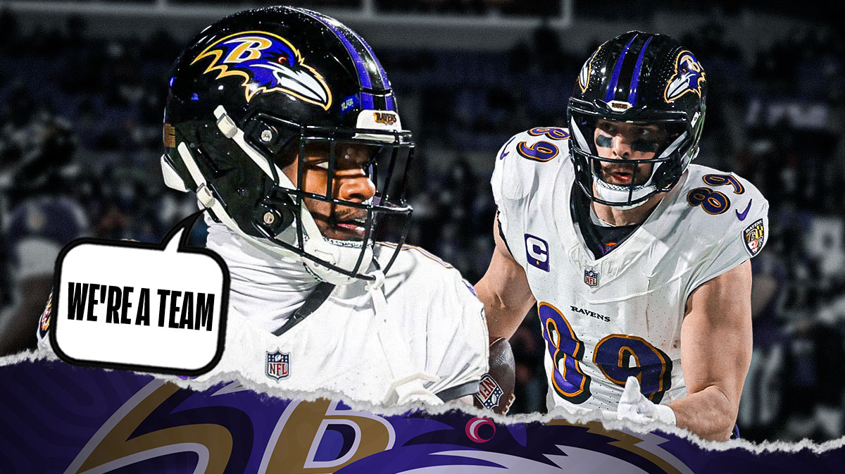 Lamar Jackson with a text bubble reading "We're a team" next to Mark Andrews and John Harbaugh with the Bills stadium as the background.